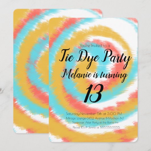 Tie Dye Birthday Party Colorful Invitation Kaart (Voorkant / Achterkant)