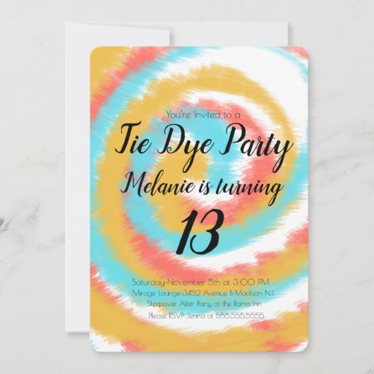 Tie Dye Birthday Party Colorful Invitation Kaart (Voorkant)