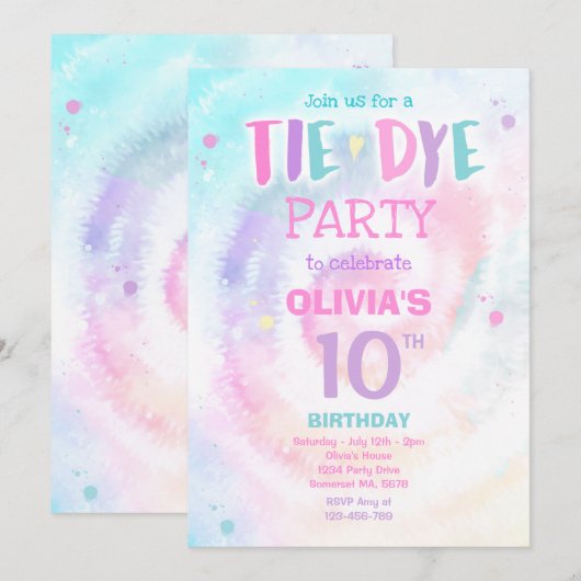 Tie Dye Birthday Party Pastel Tie Dye Hippy Party Kaart (Voorkant / Achterkant)