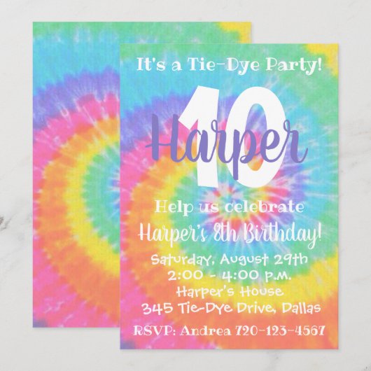 Tie Dye Birthday Uitnodiging (Voorkant / Achterkant)