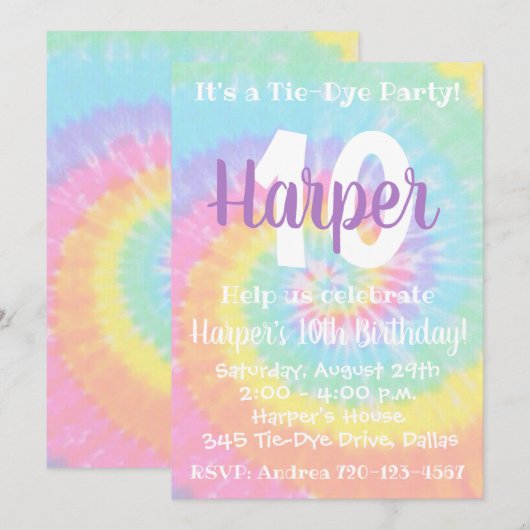 Tie Dye Birthday Uitnodiging (Voorkant / Achterkant)