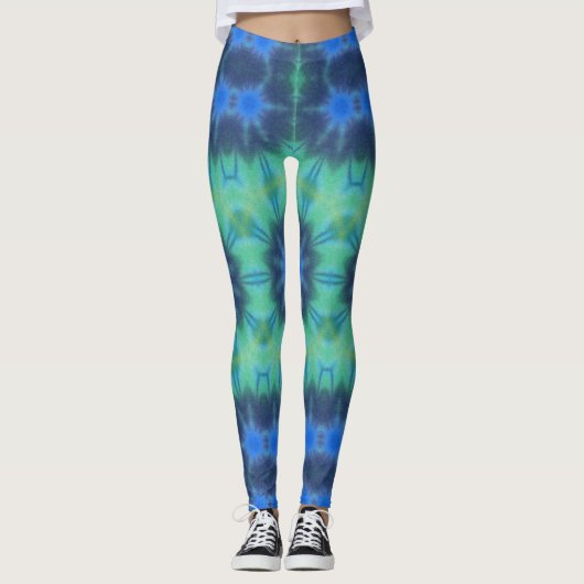 Tie Dye Blauw Groen Yoga Gym Oefening Leggings (Voorkant)