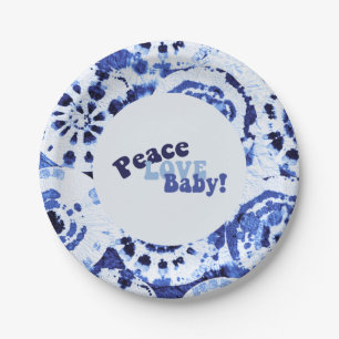 Tie Dye Blue Shibori Peace Love Baby shower Papieren Bordje