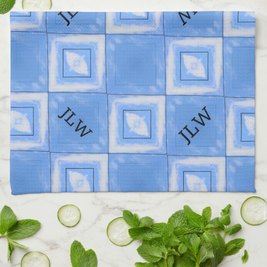 Tie Dye Boho Chic Blauw en Wit Geruit Theedoek (Gevouwen)