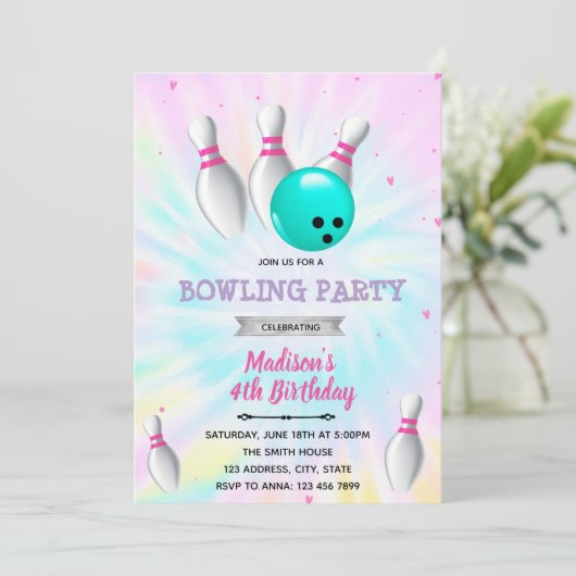 Tie dye bowling party uitnodiging (Staand voorkant)