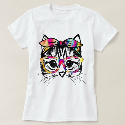 Tie-Dye Cat Face with Glasses Design T-shirt (Design voorkant)