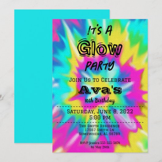 Tie Dye Glow Birthday Party Kaart (Voorkant / Achterkant)