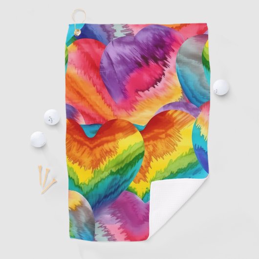 Tie Dye Groovy Hearts Kleurrijk Sinaasappel, Rood, Golfhanddoek (Insitu)