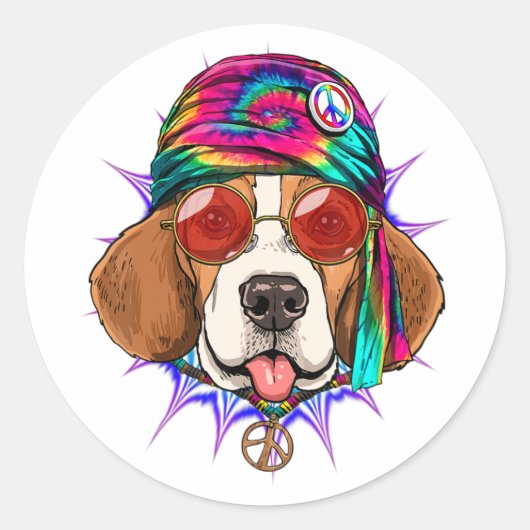 Tie Dye Hippie Beagle Hippiness Peace Love Dog Ronde Sticker (Voorkant)