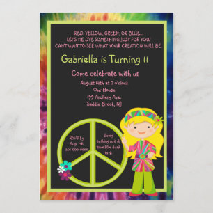 Tie Dye Hippie Girl & Peace Sign Birthday Invite Kaart