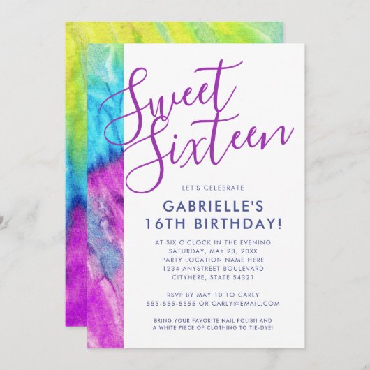Tie Dye Hippy Chic Paars Aqua Blue Sweet 16 Kaart (Voorkant / Achterkant)