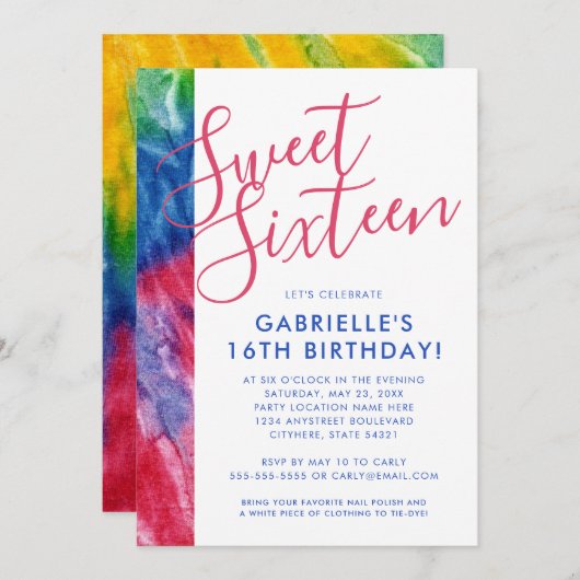 Tie Dye Hippy Chic Red Blue Yellow 16th Bday Party Kaart (Voorkant / Achterkant)