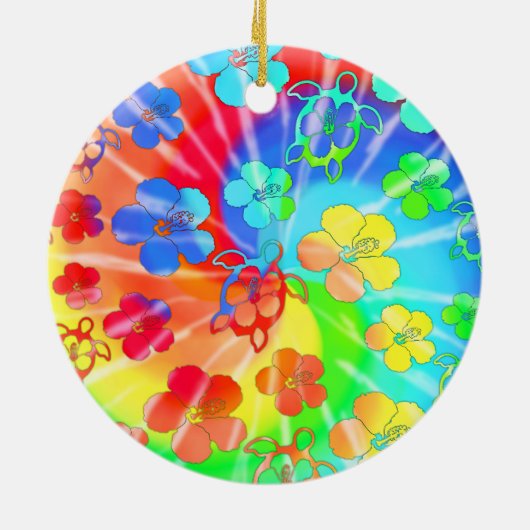 Tie Dye Honu en Hibiscus Keramisch Ornament (Achterkant)