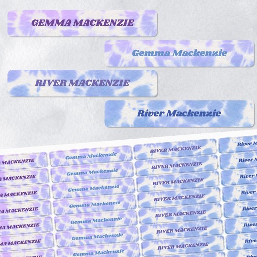 Tie Dye Lavender Blue Kinder Name Waterproof Labels