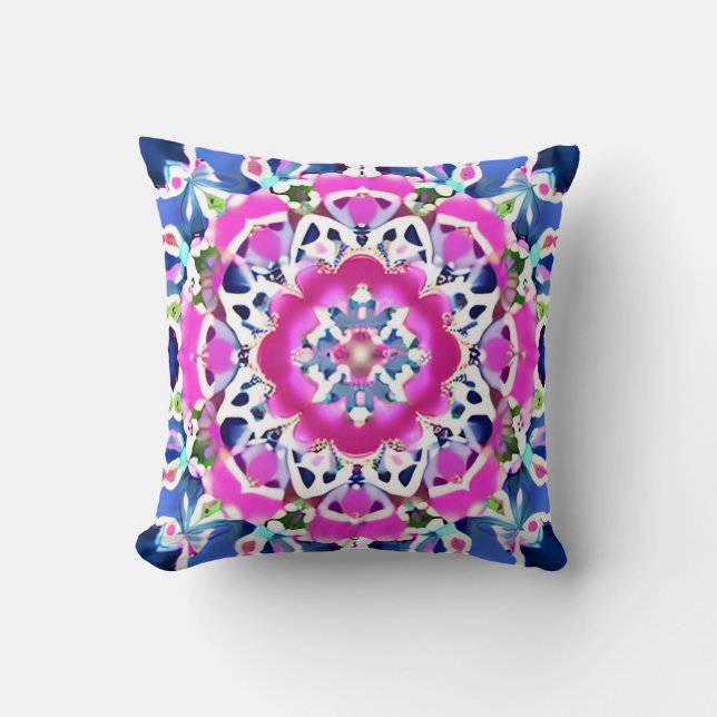 Tie Dye Mandala Patroon Denim blauw en roze Kussen (Voorkant)
