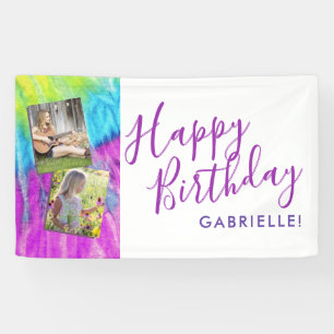 Tie Dye Modern Hippy Paars Happy Birthday Foto Spandoek