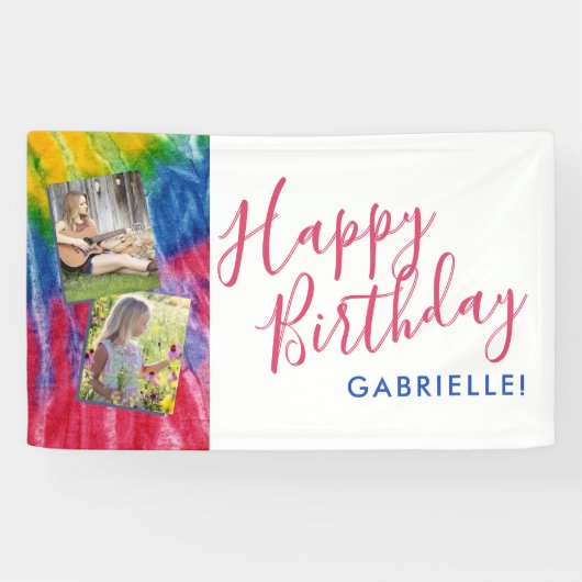 Tie Dye Modern Retro Vibes Happy Birthday Foto Spandoek (Horizontaal)