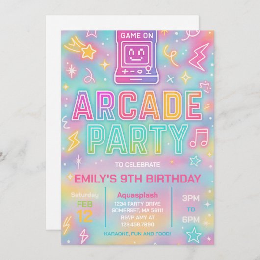 Tie Dye Neon Glow Arcade Party Verjaardag Uitnodig Kaart (Voorkant / Achterkant)