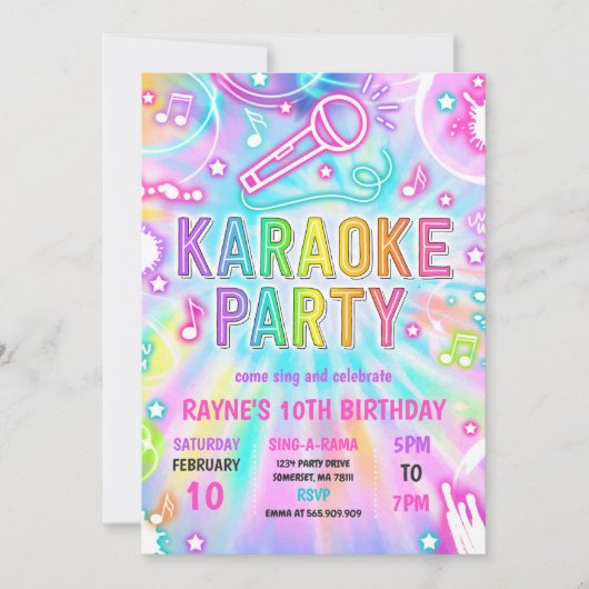 Tie Dye Neon Karaoke Singing Music Birthday Party Kaart (Voorkant)