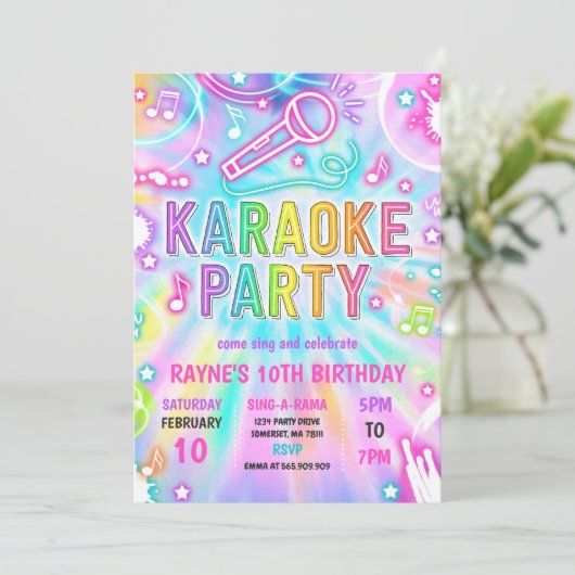 Tie Dye Neon Karaoke Singing Music Birthday Party Kaart (Staand voorkant)