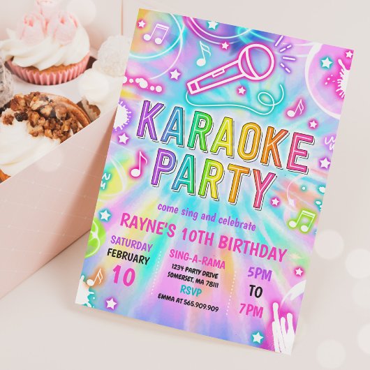 Tie Dye Neon Karaoke Singing Music Birthday Party Kaart