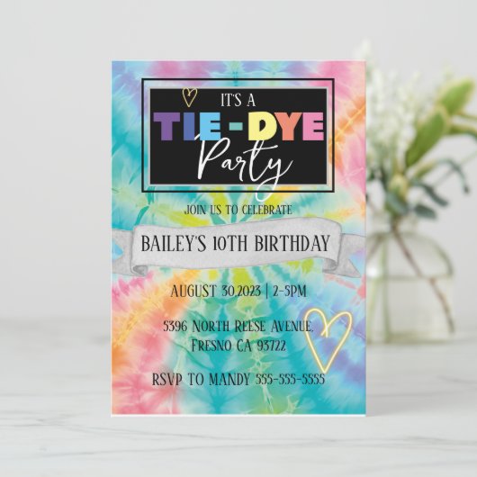 Tie Dye Party Hippie Rainbow Verjaardag uitnodigin Kaart (Staand voorkant)