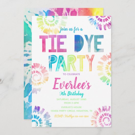 Tie Dye Party Invitation | Tie Dye Birthday Kaart (Voorkant / Achterkant)