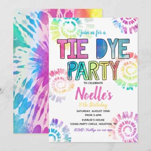 Tie Dye Party Invitation | Tie Dye Birthday Kaart (Voorkant / Achterkant)