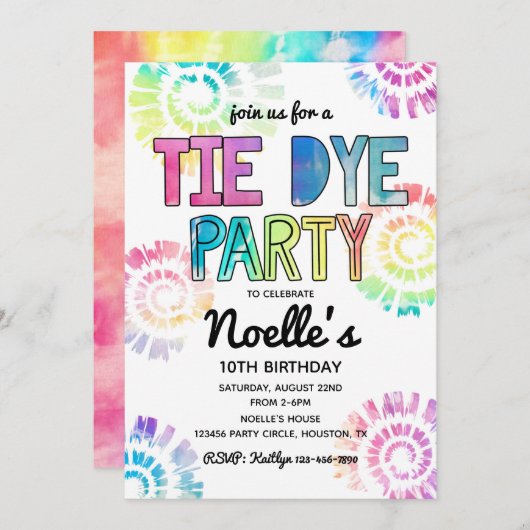 Tie Dye Party Invitation | Tie Dye Birthday Kaart (Voorkant / Achterkant)