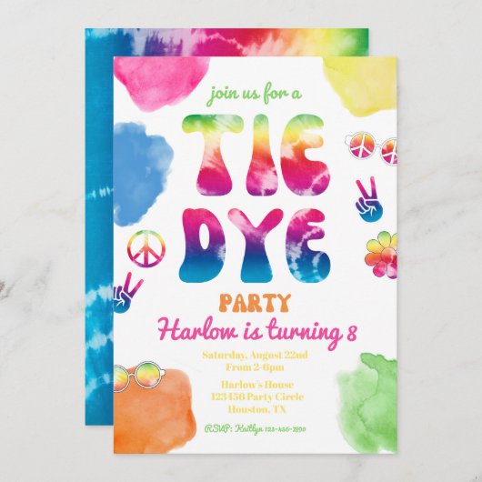 Tie Dye Party Invitation | Tie Dye Birthday Kaart (Voorkant / Achterkant)