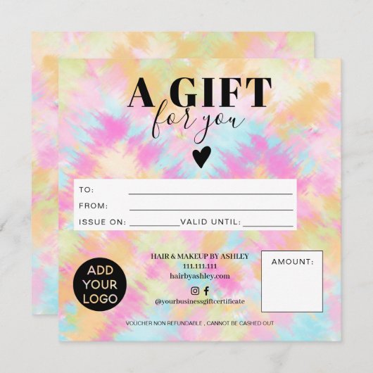 Tie dye pastel boho vierkant cadeaubon logo (Voorkant / Achterkant)