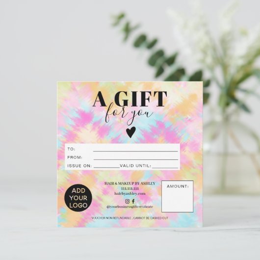 Tie dye pastel boho vierkant cadeaubon logo (Staand voorkant)