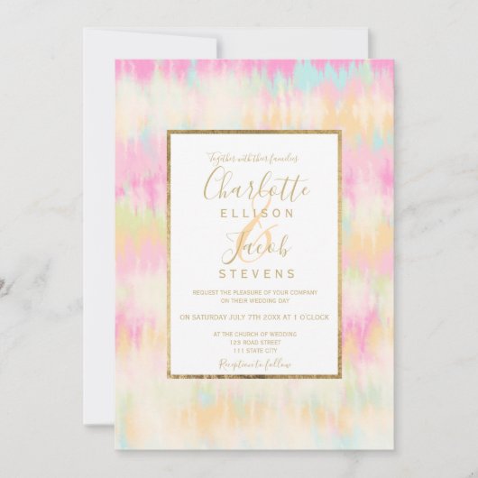 Tie dye pastel hippie chic gouden script bruiloft kaart (Voorkant)