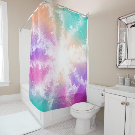 Tie Dye Pastel Waterverf Roze Sinaasappel Blauwgro Douchegordijn (In situ)