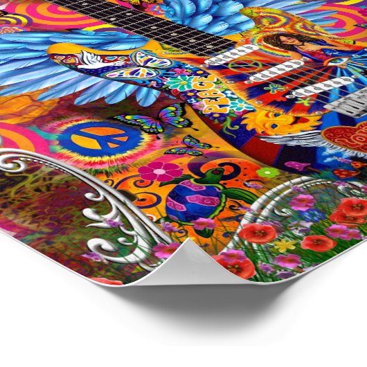 Tie dye, peace, love, gitaren Janis Tribute Poster (Hoek)