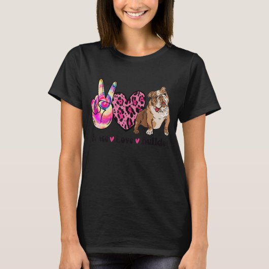 Tie Dye Peace Love Leopard Print English Bulldog D T-shirt (Voorkant)