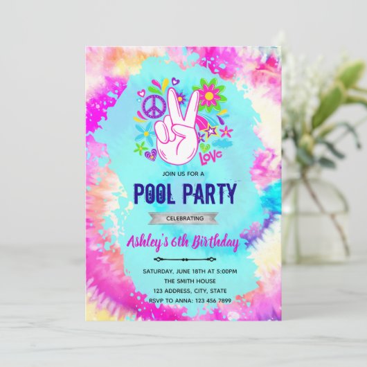 Tie dye pool verjaardagsuitnodiging bedankkaart (Staand voorkant)