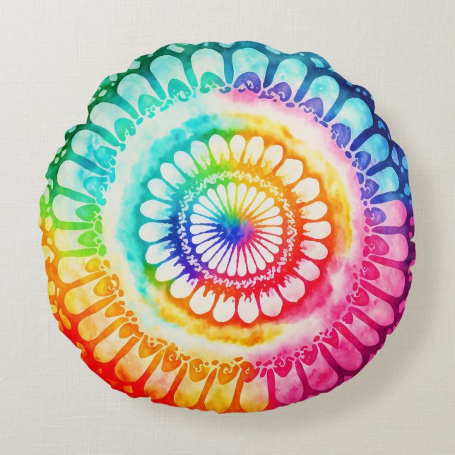 Tie Dye Rainbow Kleuren Retro Hippie Groovy Rond Kussen (Voorkant)