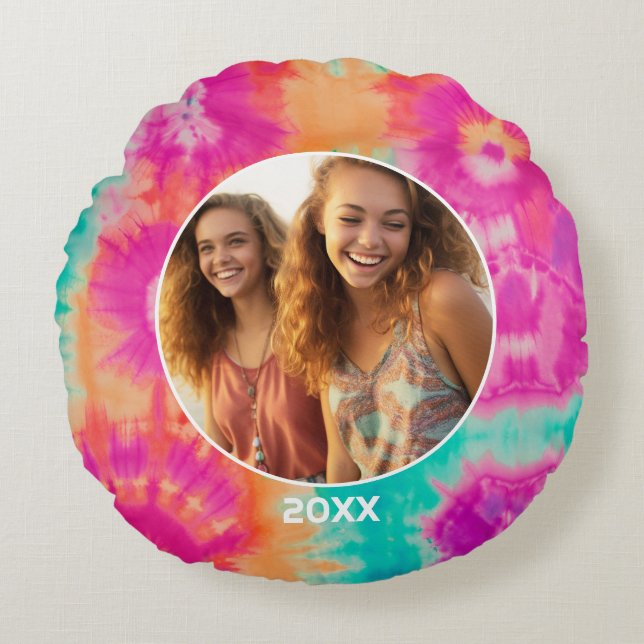 Tie Dye Rand met Foto en Jaar - Pink Aqua Rond Kussen (Voorkant)