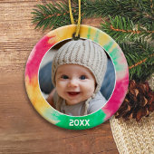 Tie Dye Rand met Foto en Jaar - Rood Groen Keramisch Ornament