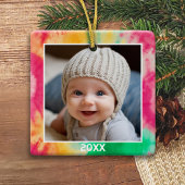 Tie Dye Rand met Foto en Jaar - Rood Groen Keramisch Ornament