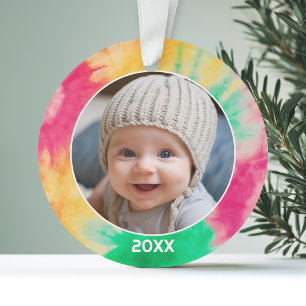 Tie Dye Rand met Foto en Jaar - Rood Groen Ornament