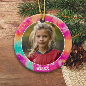 Tie Dye Rand met Foto en Jaar - roze blauwgroen Keramisch Ornament