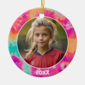 Tie Dye Rand met Foto en Jaar - roze blauwgroen Keramisch Ornament (Voorkant)