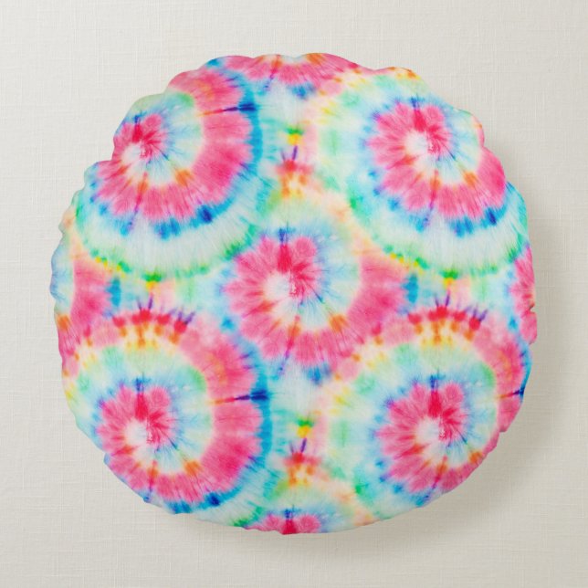 Tie Dye Spiral. Prachtige Waterverf Dirty Art. Sw Rond Kussen (Voorkant)