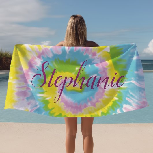 Tie Dye Swirl Yellow Blue Personalized Summer Strandlaken
