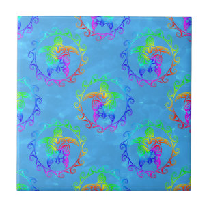 Tie Dye Tribal Turtle Moari Sun Light Blue Tegeltje