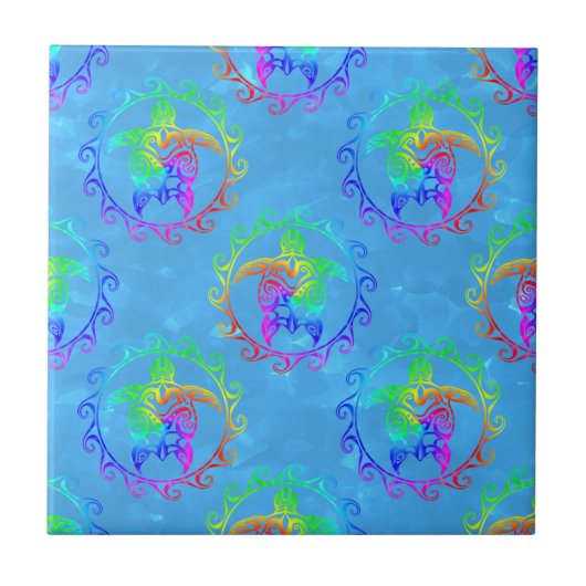 Tie Dye Tribal Turtle Moari Sun Light Blue Tegeltje (Voorkant)