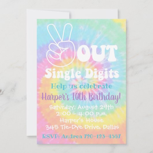 Tie Dye Uitnodiging 10e verjaardag Vrede uit (Voorkant)