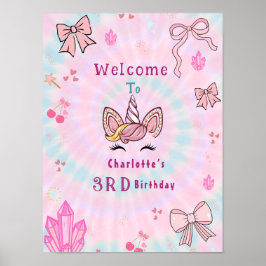 Tie Dye Unicorn Coquette Bow Birthday welcome sign Poster